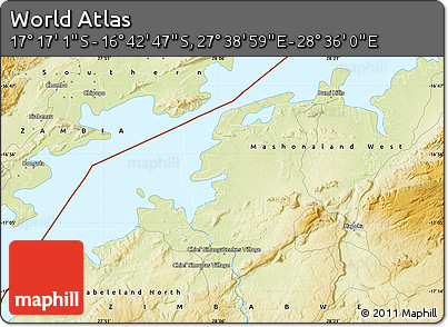 Physical Map of the Area around 16° 59' 54" S, 28° 7' 30" E