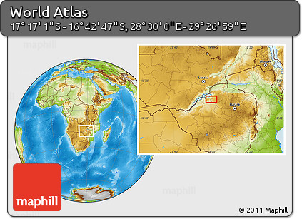 Physical Location Map of the Area around 16° 59' 54" S, 28° 58' 30" E