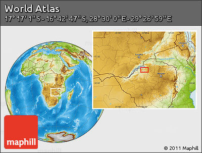 Physical Location Map of the Area around 16° 59' 54" S, 28° 58' 30" E