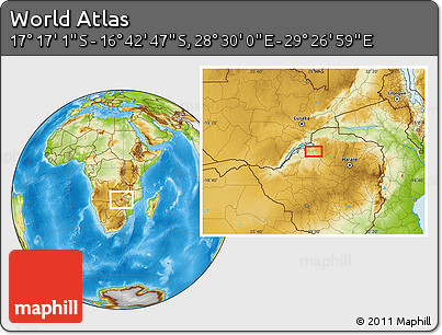 Physical Location Map of the Area around 16° 59' 54" S, 28° 58' 30" E