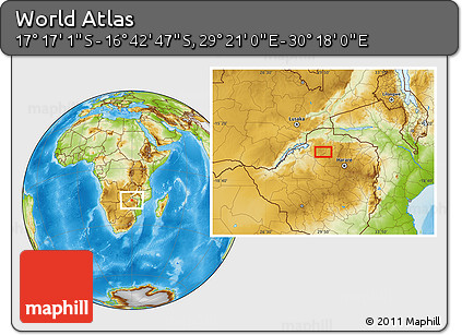 Physical Location Map of the Area around 16° 59' 54" S, 29° 49' 30" E