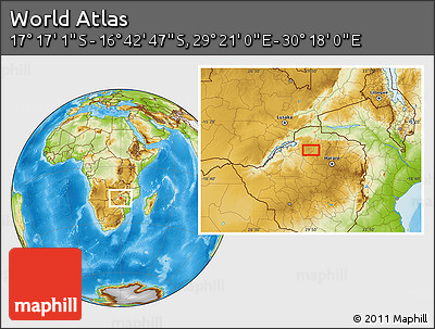 Physical Location Map of the Area around 16° 59' 54" S, 29° 49' 30" E