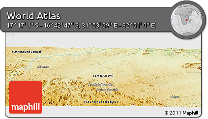 Physical Panoramic Map of the Area around 16° 59' 54" S, 32° 22' 30" E