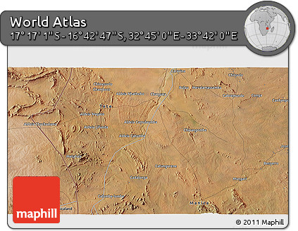 Satellite 3D Map of the Area around 16° 59' 54" S, 33° 13' 30" E