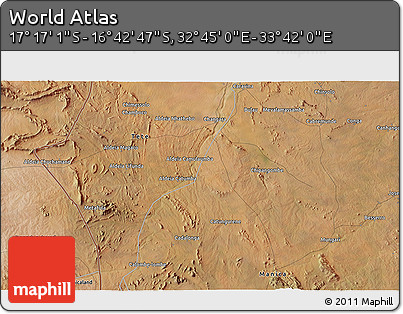 Satellite 3D Map of the Area around 16° 59' 54" S, 33° 13' 30" E