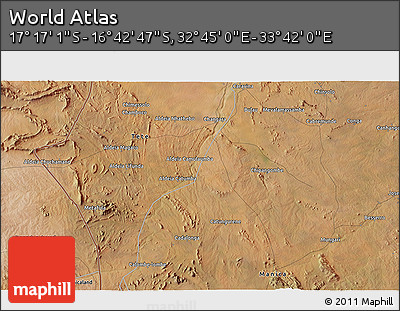 Satellite 3D Map of the Area around 16° 59' 54" S, 33° 13' 30" E