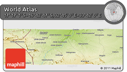 Physical Panoramic Map of the Area around 16° 59' 54" S, 33° 13' 30" E