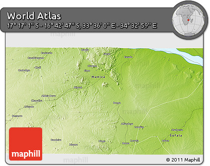Physical 3D Map of the Area around 16° 59' 54" S, 34° 4' 30" E