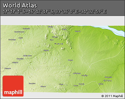 Physical 3D Map of the Area around 16° 59' 54" S, 34° 4' 30" E