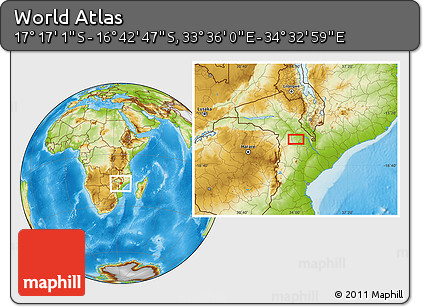 Physical Location Map of the Area around 16° 59' 54" S, 34° 4' 30" E