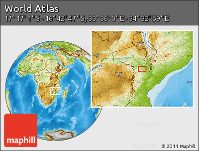 Physical Location Map of the Area around 16° 59' 54" S, 34° 4' 30" E