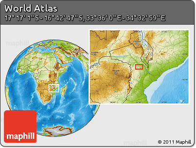 Physical Location Map of the Area around 16° 59' 54" S, 34° 4' 30" E