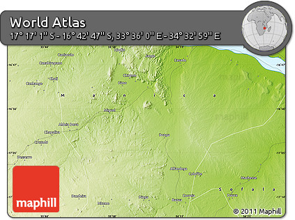 Physical Map of the Area around 16° 59' 54" S, 34° 4' 30" E