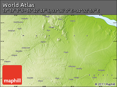Physical Map of the Area around 16° 59' 54" S, 34° 4' 30" E