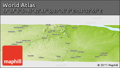 Physical Panoramic Map of the Area around 16° 59' 54" S, 34° 4' 30" E