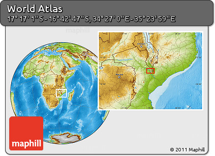 Physical Location Map of the Area around 16° 59' 54" S, 34° 55' 29" E