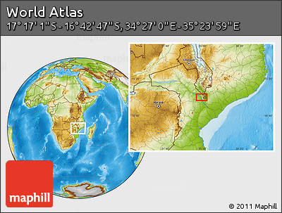 Physical Location Map of the Area around 16° 59' 54" S, 34° 55' 29" E