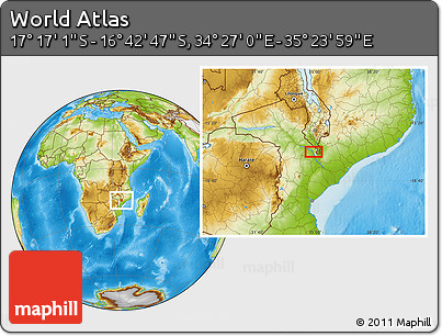 Physical Location Map of the Area around 16° 59' 54" S, 34° 55' 29" E