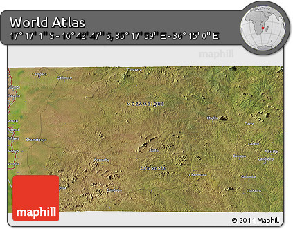 Satellite 3D Map of the Area around 16° 59' 54" S, 35° 46' 29" E