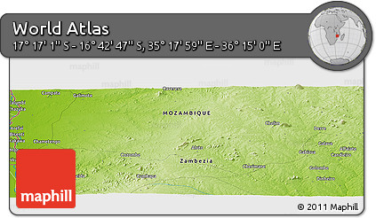 Physical Panoramic Map of the Area around 16° 59' 54" S, 35° 46' 29" E