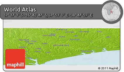 Physical Panoramic Map of the Area around 16° 59' 54" S, 38° 19' 30" E