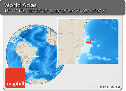 Shaded Relief Location Map of the Area around 16° 59' 54" S, 38° 10' 29" W