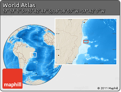 Shaded Relief Location Map of the Area around 16° 59' 54" S, 38° 10' 29" W