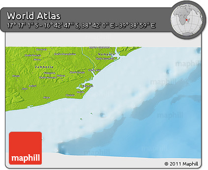Physical 3D Map of the Area around 16° 59' 54" S, 39° 10' 29" E