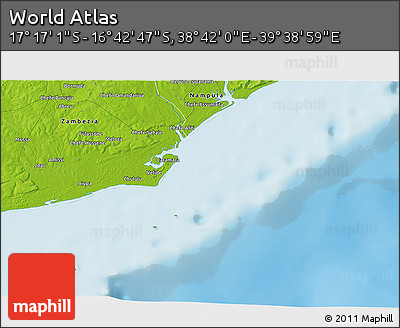 Physical 3D Map of the Area around 16° 59' 54" S, 39° 10' 29" E