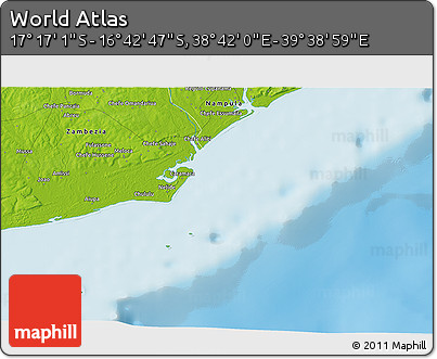 Physical 3D Map of the Area around 16° 59' 54" S, 39° 10' 29" E