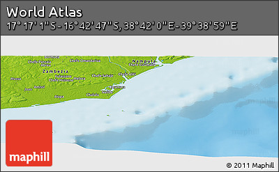 Physical Panoramic Map of the Area around 16° 59' 54" S, 39° 10' 29" E