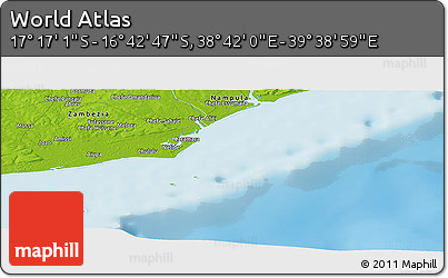 Physical Panoramic Map of the Area around 16° 59' 54" S, 39° 10' 29" E
