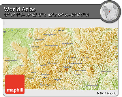 Physical 3D Map of the Area around 16° 59' 54" S, 41° 34' 30" W