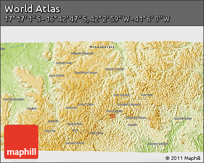 Physical 3D Map of the Area around 16° 59' 54" S, 41° 34' 30" W