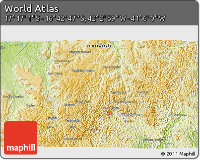 Physical 3D Map of the Area around 16° 59' 54" S, 41° 34' 30" W