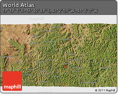 Satellite 3D Map of the Area around 16° 59' 54" S, 41° 34' 30" W