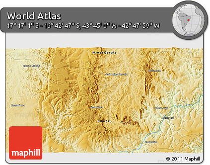 Physical 3D Map of the Area around 16° 59' 54" S, 43° 16' 29" W