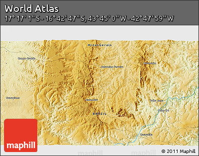 Physical 3D Map of the Area around 16° 59' 54" S, 43° 16' 29" W