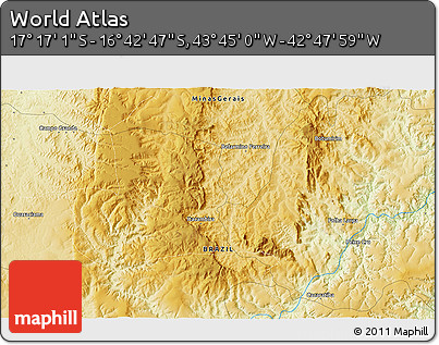 Physical 3D Map of the Area around 16° 59' 54" S, 43° 16' 29" W