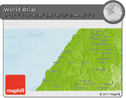 Physical 3D Map of the Area around 16° 59' 54" S, 44° 16' 29" E