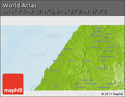 Physical 3D Map of the Area around 16° 59' 54" S, 44° 16' 29" E
