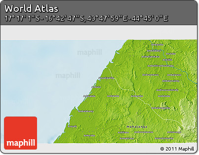 Physical 3D Map of the Area around 16° 59' 54" S, 44° 16' 29" E