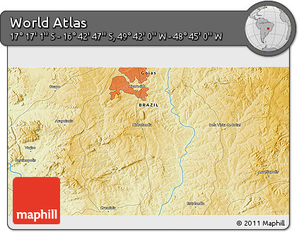 Physical 3D Map of the Area around 16° 59' 54" S, 49° 13' 30" W