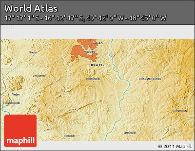 Physical 3D Map of the Area around 16° 59' 54" S, 49° 13' 30" W