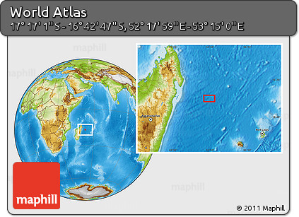 Physical Location Map of the Area around 16° 59' 54" S, 52° 46' 29" E