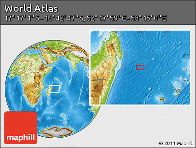 Physical Location Map of the Area around 16° 59' 54" S, 52° 46' 29" E