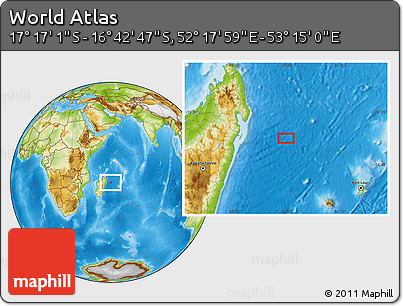 Physical Location Map of the Area around 16° 59' 54" S, 52° 46' 29" E
