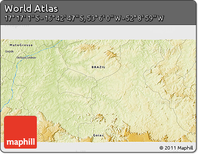 Physical 3D Map of the Area around 16° 59' 54" S, 52° 37' 30" W