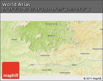 Physical 3D Map of the Area around 16° 59' 54" S, 54° 19' 30" W