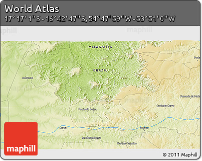 Physical 3D Map of the Area around 16° 59' 54" S, 54° 19' 30" W